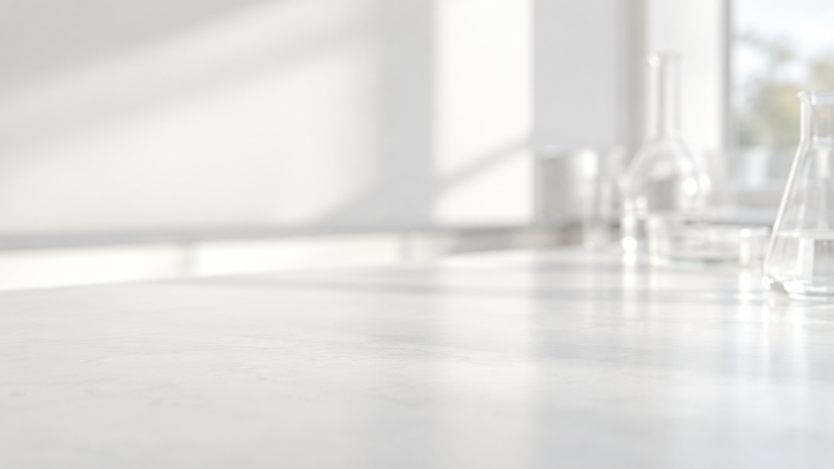 Softly lit, minimal white laboratory background with subtle glassware
