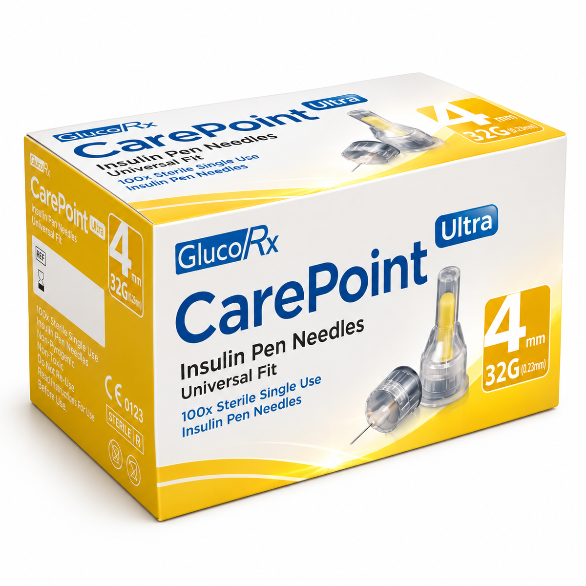 CarePoint Ultra pen needles box on a clean white background