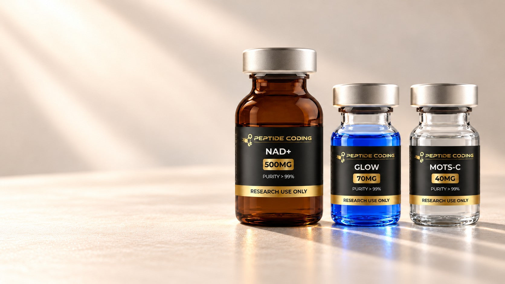 NAD+, GLOW and MOTS-C peptide vials on an ivory clinical surface